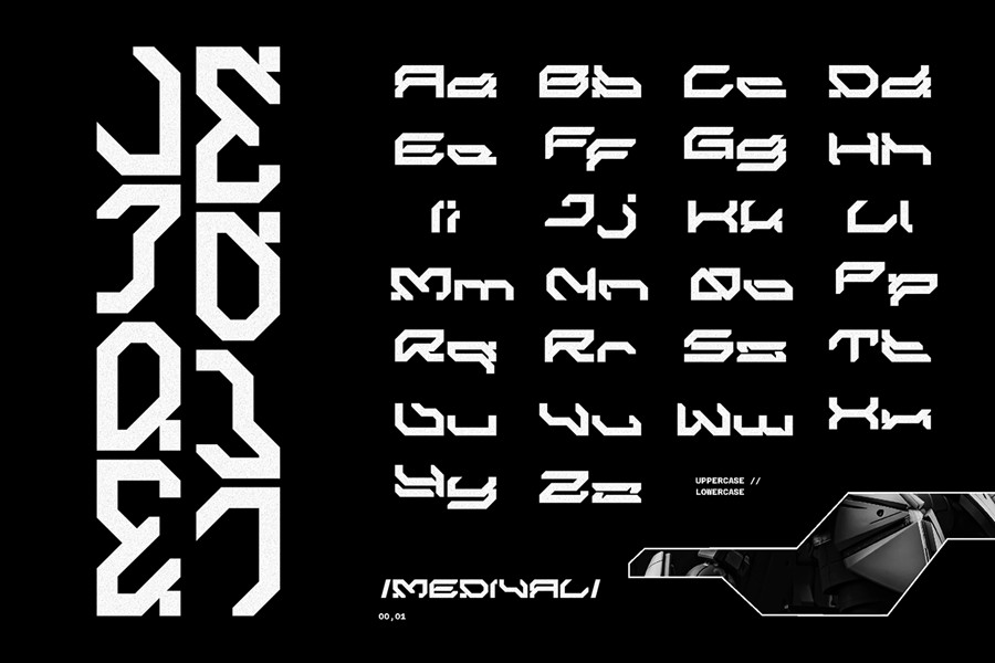 未来科幻赛博朋克硬核先锋机能机甲潮流几何风PSAI英文字体安装包 Medival Typeface Font 设计素材 sucaiwan.com