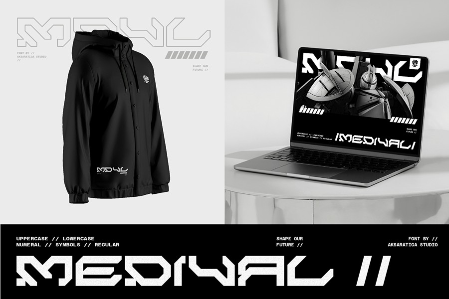 未来科幻赛博朋克硬核先锋机能机甲潮流几何风PSAI英文字体安装包 Medival Typeface Font 设计素材 sucaiwan.com