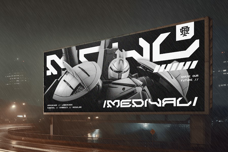 未来科幻赛博朋克硬核先锋机能机甲潮流几何风PSAI英文字体安装包 Medival Typeface Font 设计素材 sucaiwan.com