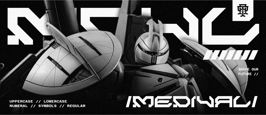 未来科幻赛博朋克硬核先锋机能机甲潮流几何风PSAI英文字体安装包 Medival Typeface Font 设计素材 sucaiwan.com