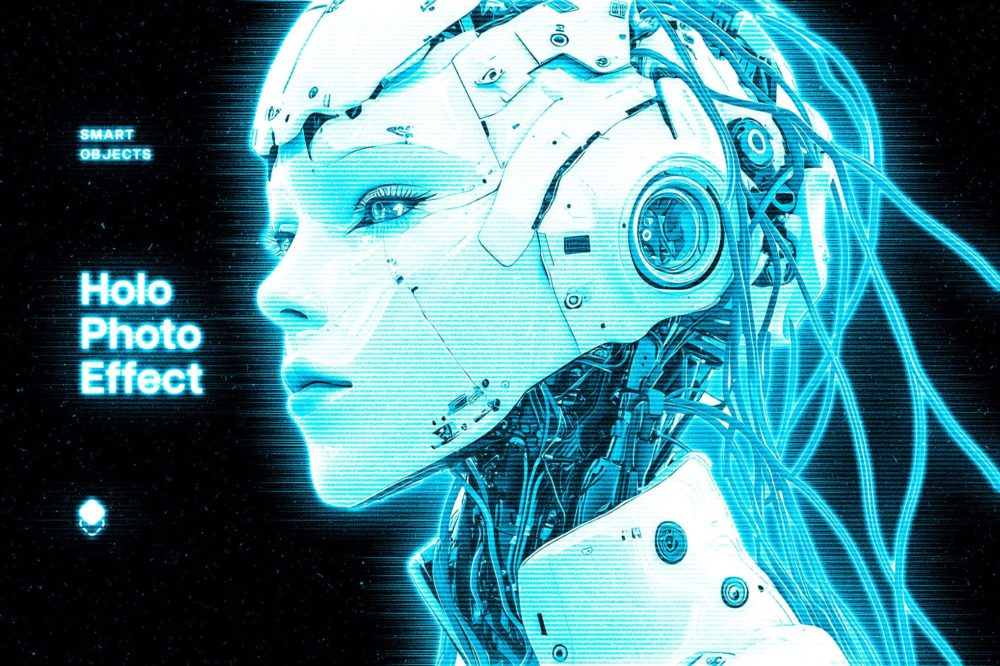 未来赛博朋克全息发光照片效果PS特效滤镜样机 Future Hologram Photo Effect 插件预设 sucaiwan.com