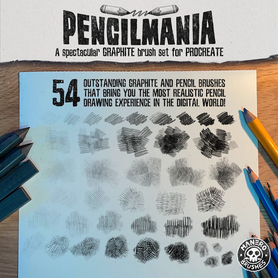 44款传统素描铅笔炭笔手绘线条阴影纹理绘画效果procreate笔刷画笔素材 Pencilmania: A Spectacular Graphite Brush Set for Procreate 笔刷资源 sucaiwan.com