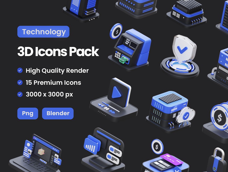 15款高级互联网技术数字货币云存储3D插图图标Icons设计Blender/PNG格式素材 Technology 3D Illustration 图标素材 sucaiwan.com