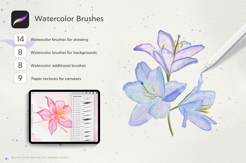 30+逼真的水彩效果Procreate笔刷套装 , sucaiwan.com