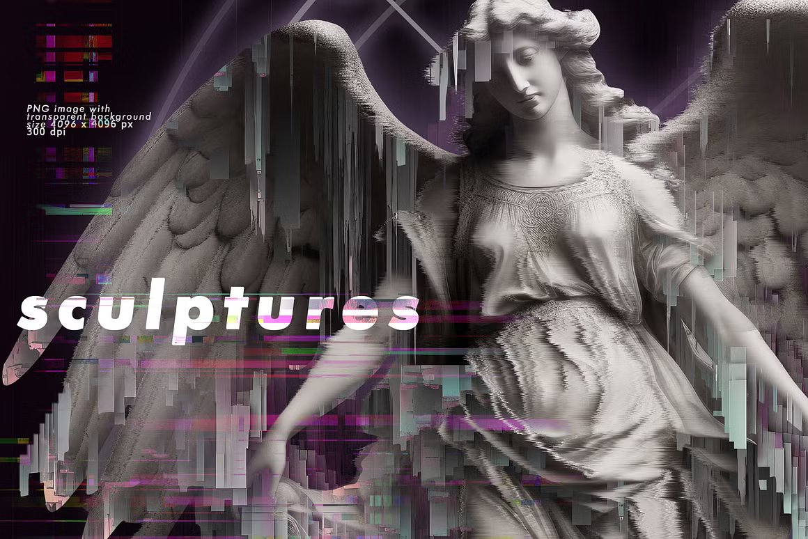 未来VHS故障扭曲电音迷幻抽象位移无信号西方天使雕塑雕像PNG设计素材 Glitch Sculptures Collection 图片素材 sucaiwan.com