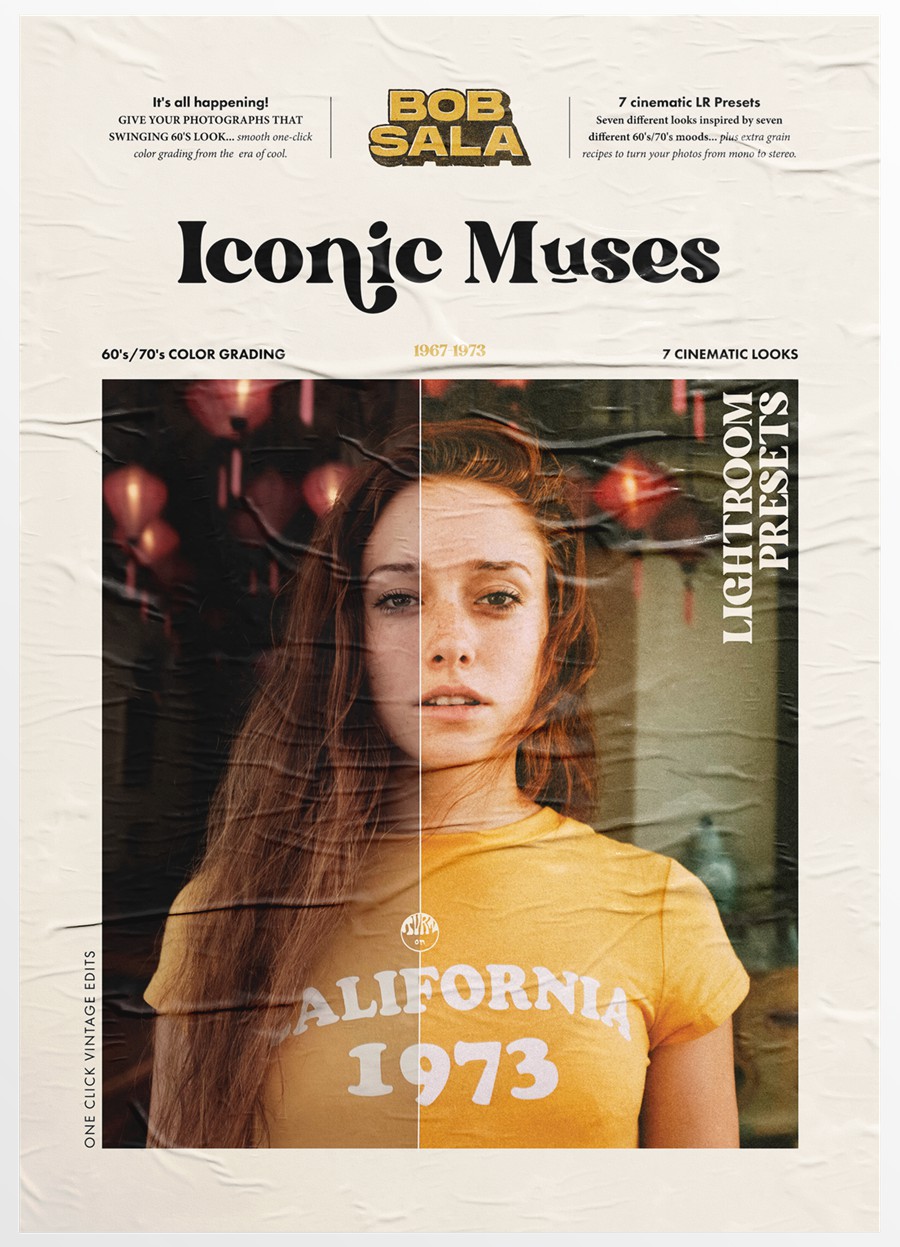 复古电影外观温暖乙烯基沙哑感觉胶片颗粒模拟肖像摄影调色Lightroom预设包 Bob Sala – Iconic Muses (1967-1973) – Presets 插件预设 第1张-素材湾丨精选海外优质设计素材资源 复古电影外观温暖乙烯基沙哑感觉胶片颗粒模拟肖像摄影调色Lightroom预设包 Bob Sala – Iconic Muses (1967-1973) – Presets 插件预设 sucaiwan.com