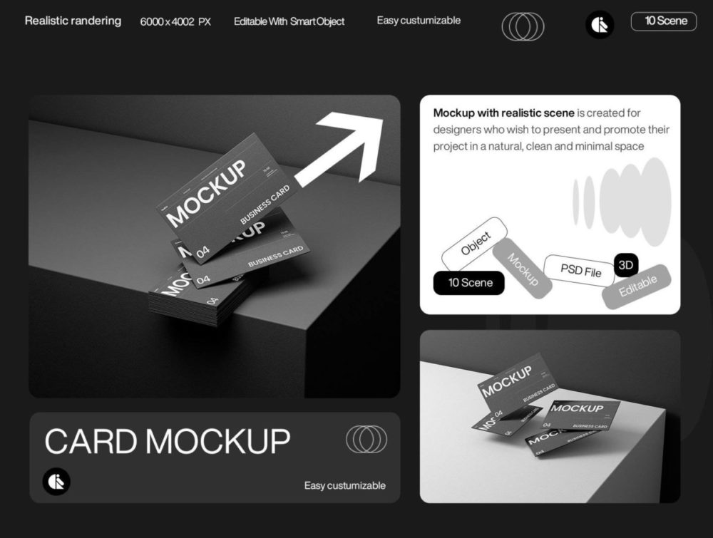 10款黑化风高端商务名片卡片品牌VI设计提案展示PS贴图样机MOCKUP模板素材 Minimalist Black Business Card Mockup Template 样机素材 sucaiwan.com
