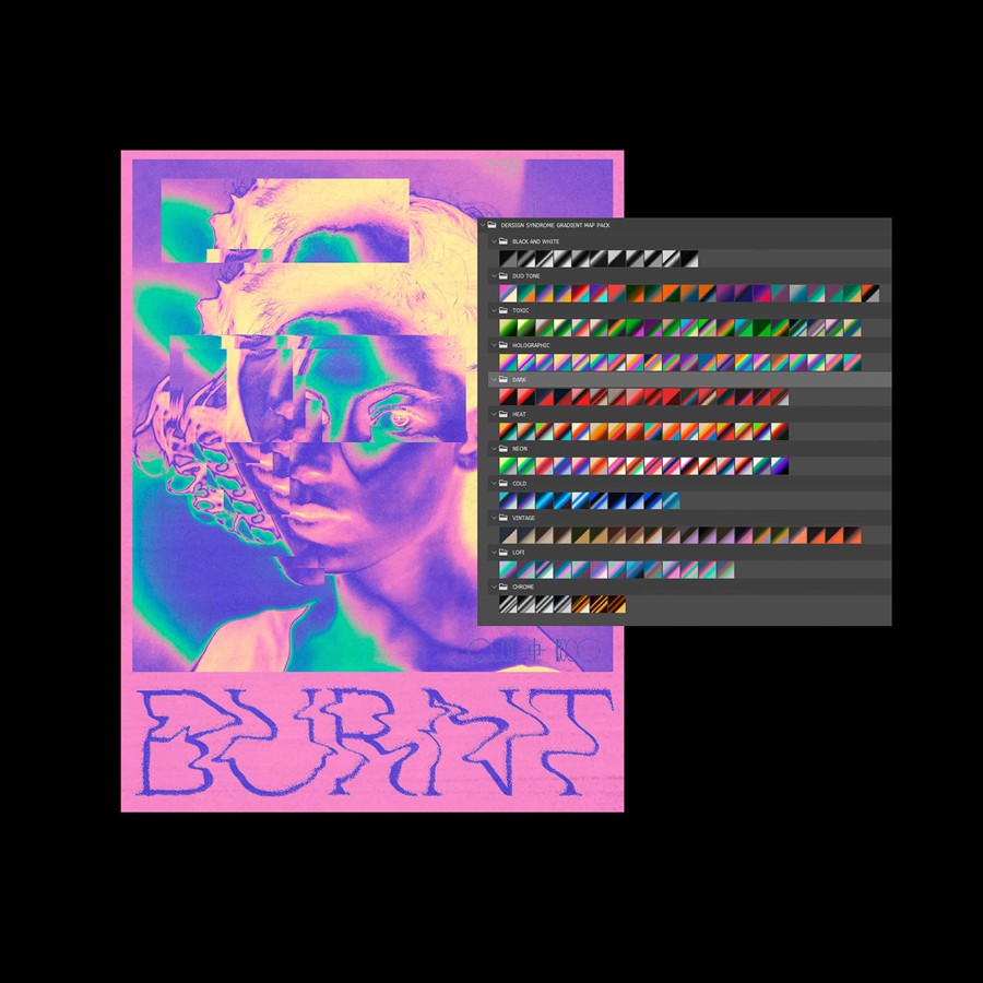 120+款未来主义酸性炫彩热像仪抽象潮流渐变PS色板色彩预设设计素材 Gradient Map Pack 插件预设 sucaiwan.com