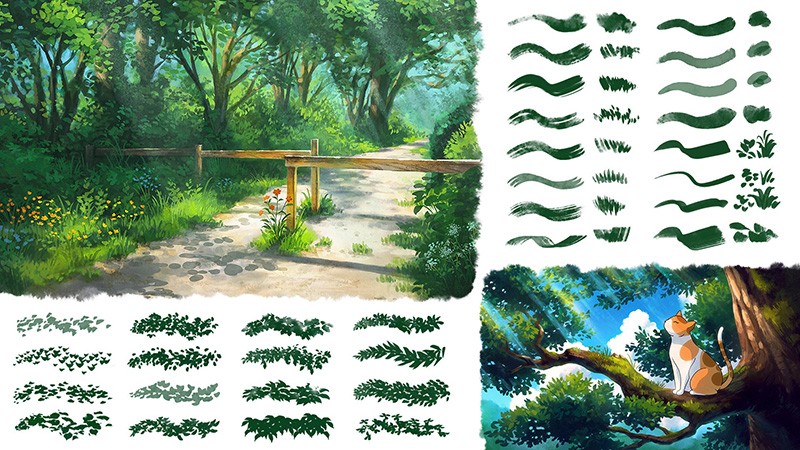 宫崎骏草地植物树木云彩动漫画笔套装，支持Procreate和PS , sucaiwan.com