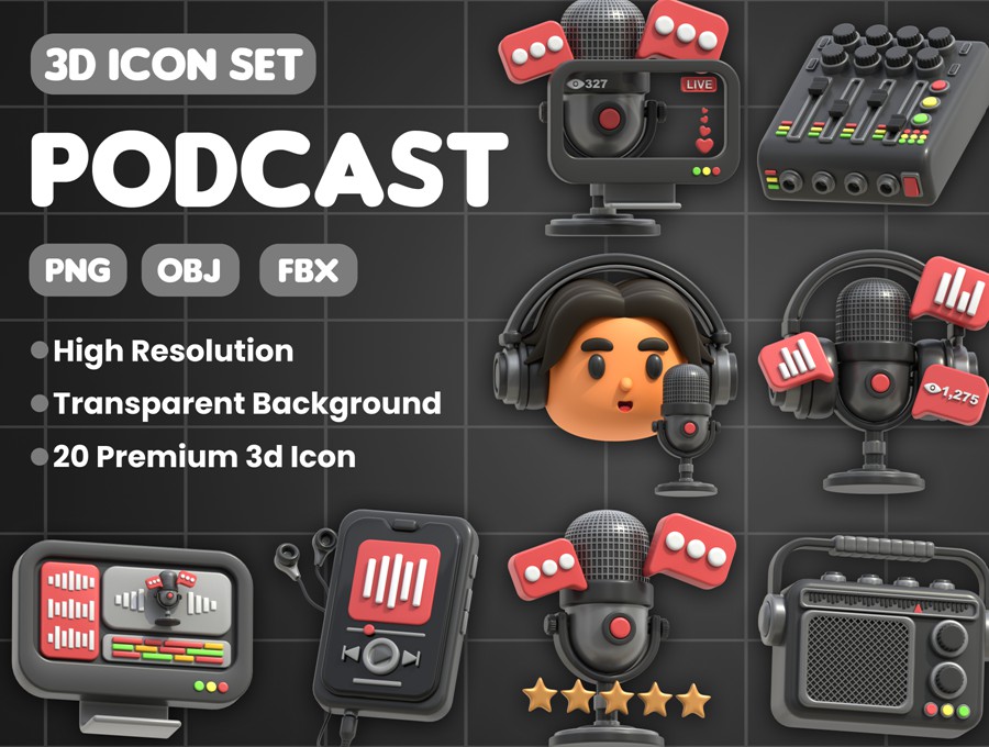 20款高级音乐赛事新闻播音演讲话筒耳机3D图标设计PNG/OBJ/FBX格式素材 3D Icon Podcast 图标素材 第1张-素材湾丨精选海外优质设计素材资源 20款高级音乐赛事新闻播音演讲话筒耳机3D图标设计PNG/OBJ/FBX格式素材 3D Icon Podcast 图标素材 sucaiwan.com