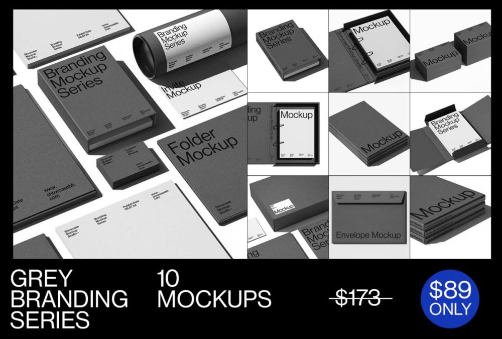 10款高级质感VI品牌设计名片信封信纸文件夹纸管展示效果图PS贴图MOCKUP样机模板素材 GREY_Branding Mockup Bundle by Showcase Mockup 样机素材 sucaiwan.com