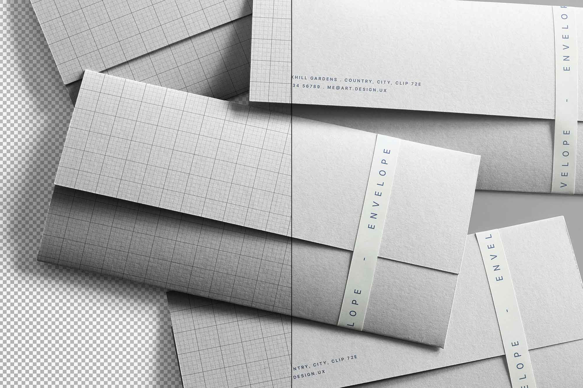 逼真质感创意信封设计展示效果图LOGO贴图MOCKUP样机PSD模板素材 Scattered Minimal Envelopes Mockup 样机素材 sucaiwan.com