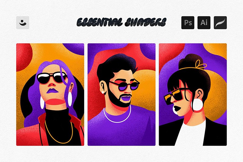 扁平风格噪点质感插画阴影笔刷，兼容格式AI、PS和Procreate , sucaiwan.com