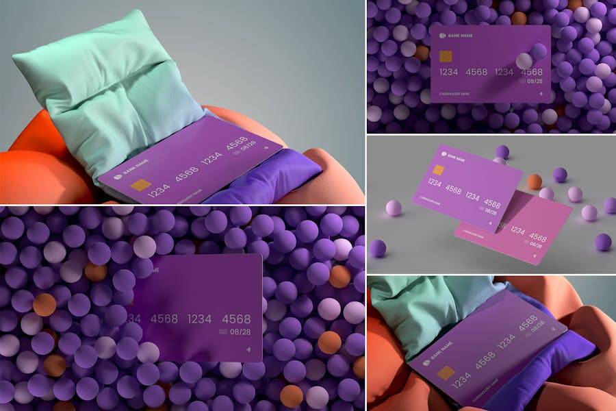 5款时尚创意信用卡银行卡会员卡设计效果图PS智能贴图样机素材 Credit Card Mockup 样机素材 sucaiwan.com