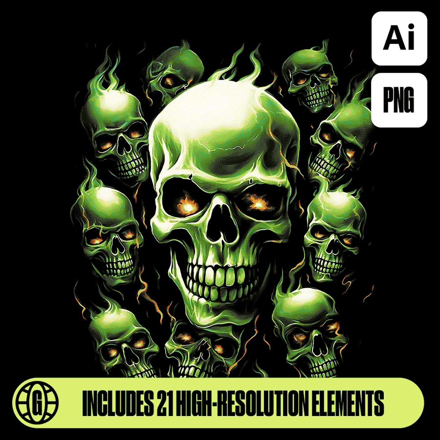 哥特恐怖暗黑地下嘻哈电音风格3D骷髅头骨PSD/PNG格式素材 GFXWRLD – FLAMING SKULLS PACK (VOL. I) 图片素材 sucaiwan.com
