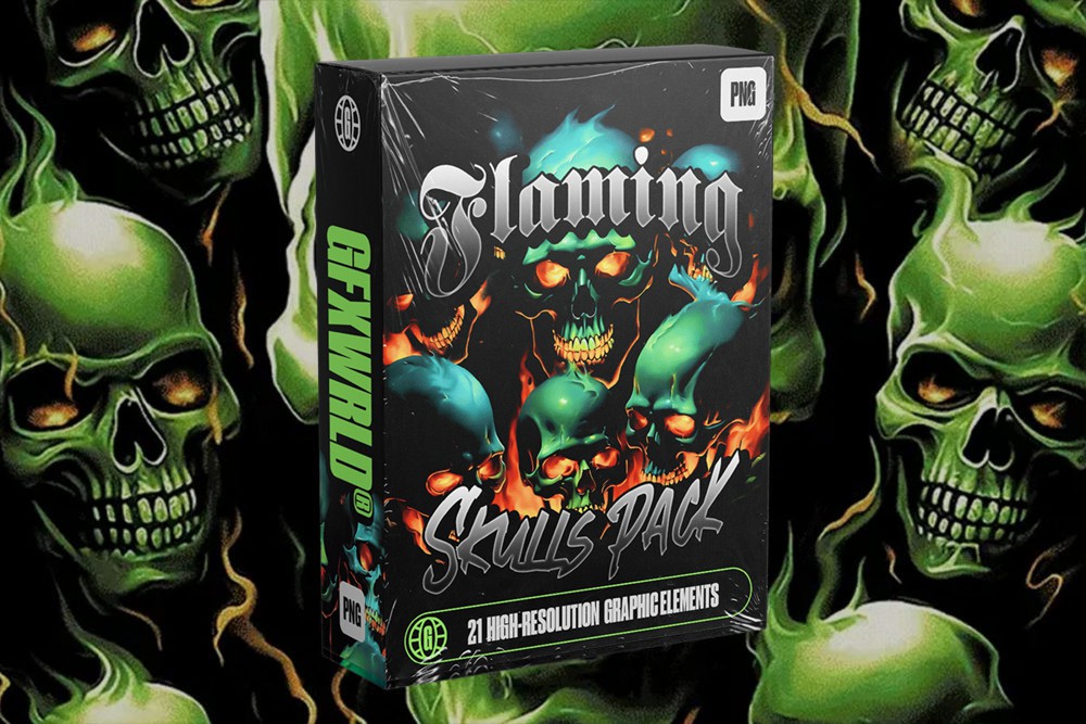 哥特恐怖暗黑地下嘻哈电音风格3D骷髅头骨PSD/PNG格式素材 GFXWRLD – FLAMING SKULLS PACK (VOL. I) 图片素材 sucaiwan.com