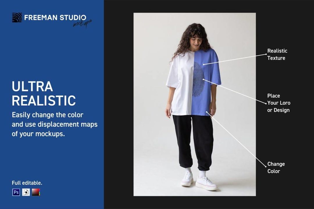 9款都市风女士超大半袖上衣T恤LOGO印花图案设计效果图展示贴图PSD样机模板源文件 T-Shirt Mock-Up Set 样机素材 sucaiwan.com