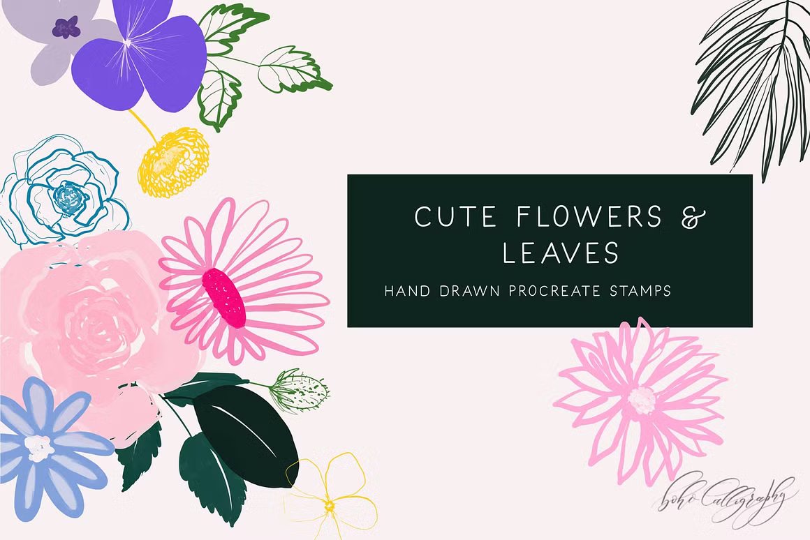 24种独特手绘花卉Procreate笔刷 Flowers & Leaves Procreate Stamps 笔刷资源 sucaiwan.com