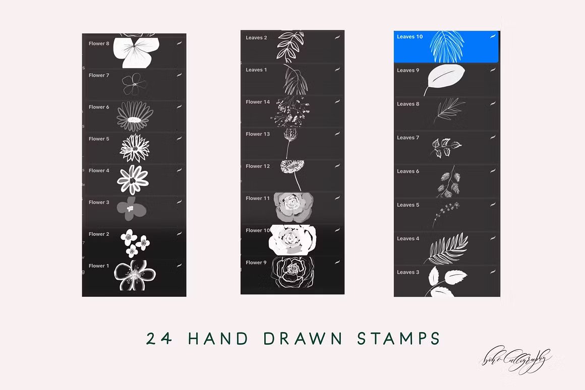 24种独特手绘花卉Procreate笔刷 Flowers & Leaves Procreate Stamps 笔刷资源 sucaiwan.com