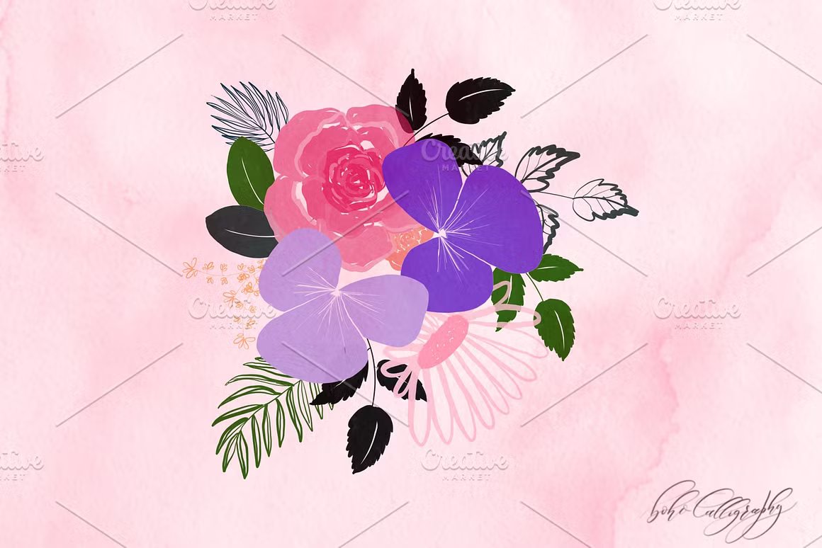 24种独特手绘花卉Procreate笔刷 Flowers & Leaves Procreate Stamps 笔刷资源 sucaiwan.com