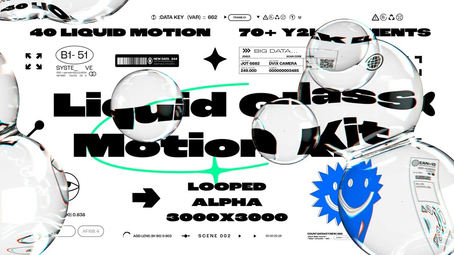 4K时尚3D液体玻璃Y2K元素视频开场转场过渡背景无缝循环动画套件AE模板 影视音频 sucaiwan.com