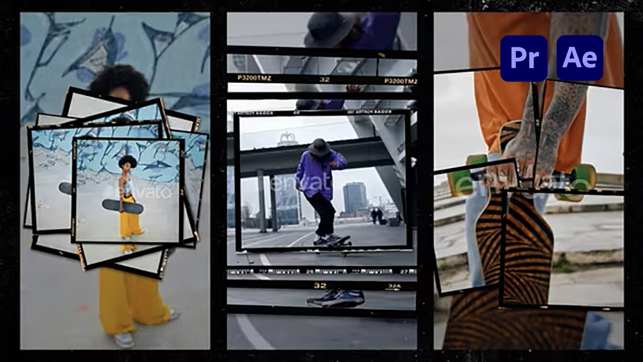 手机竖屏胶片框架时尚电影照片拼贴快速闪烁转场过渡PR MOGRT+AE模板 Vertical Film Frame Collage Transitions 影视音频 sucaiwan.com