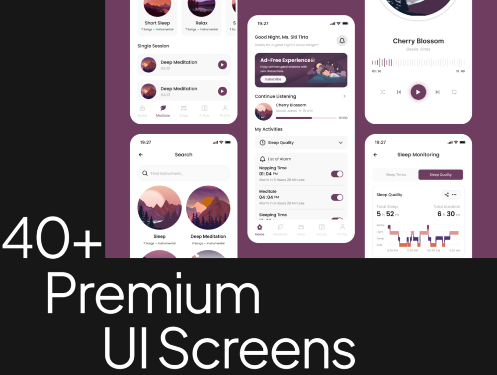 40+屏高级极简睡眠跟踪冥想课程催眠APP软件UI界面设计Figma模板素材 Sleep & Meditation App UI Kit APP UI 第5张-素材湾丨精选海外优质设计素材资源 40+屏高级极简睡眠跟踪冥想课程催眠APP软件UI界面设计Figma模板素材 Sleep & Meditation App UI Kit APP UI sucaiwan.com