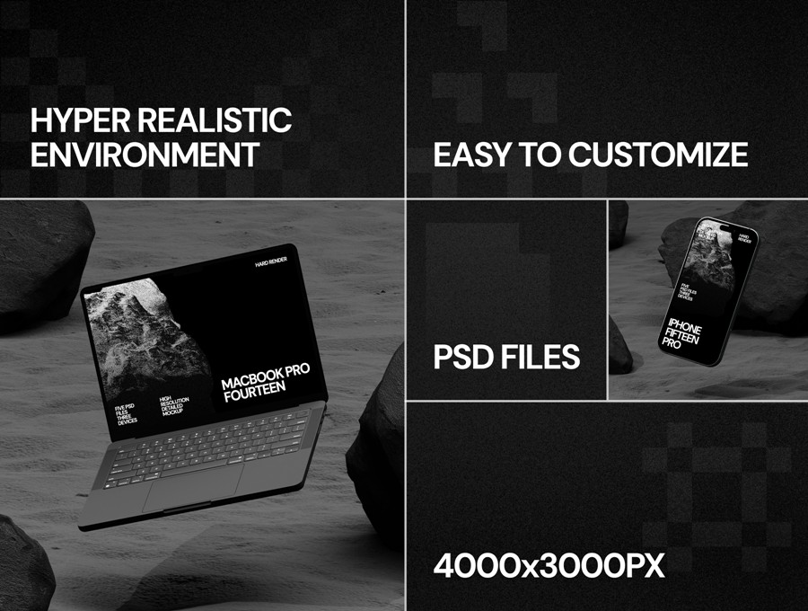 黑化工业风UI设计苹果iPad平板MacBook电脑iPhone手机贴图PS/AE样机模板素材 ZeroG Device Mockup 样机素材 sucaiwan.com