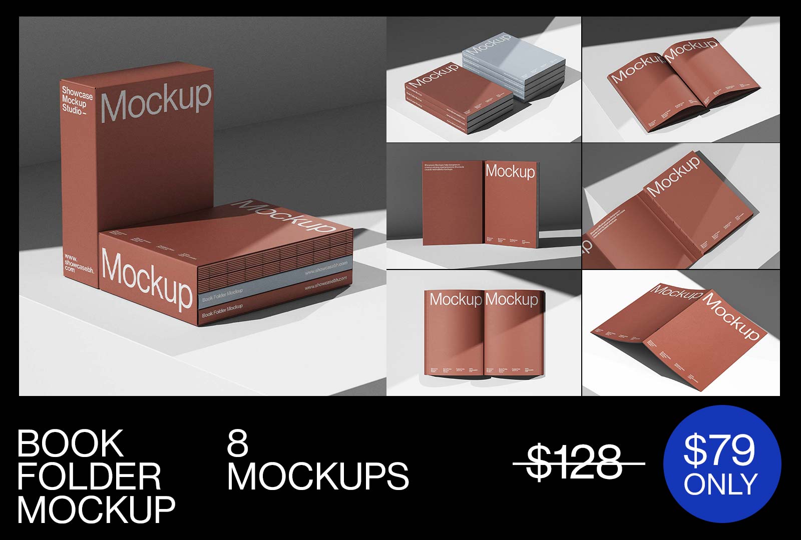 8款高级工业风硬皮精装书籍画册设计展示效果图PS贴图样机模板素材 BF6_Book Folder Mockup Bundle by Showcase Mockup 样机素材 sucaiwan.com