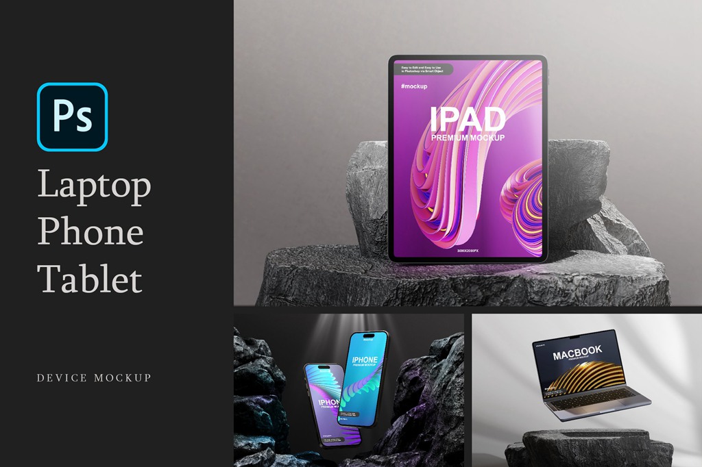 高级岩石背景苹果iPad平板iPhone手机MacBook笔记本电脑样机PSD模板素材 Multi-Device Mockup : Laptop, Phone, Tab 样机素材 第1张-素材湾丨精选海外优质设计素材资源 高级岩石背景苹果iPad平板iPhone手机MacBook笔记本电脑样机PSD模板素材 Multi-Device Mockup : Laptop, Phone, Tab 样机素材 sucaiwan.com