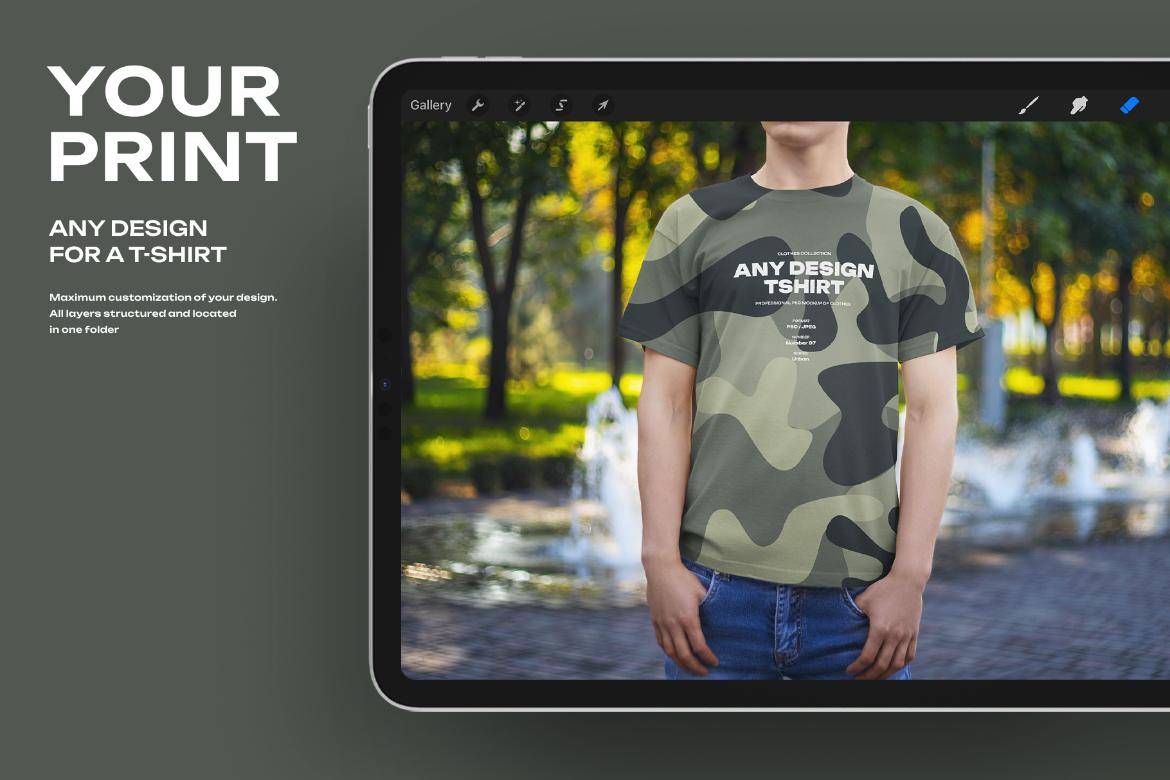 5款逼真男士半袖T恤设计展示贴图Procreate样机模板素材 5 Mockups Man T-Shirt on the Street for Procreate 样机素材 sucaiwan.com