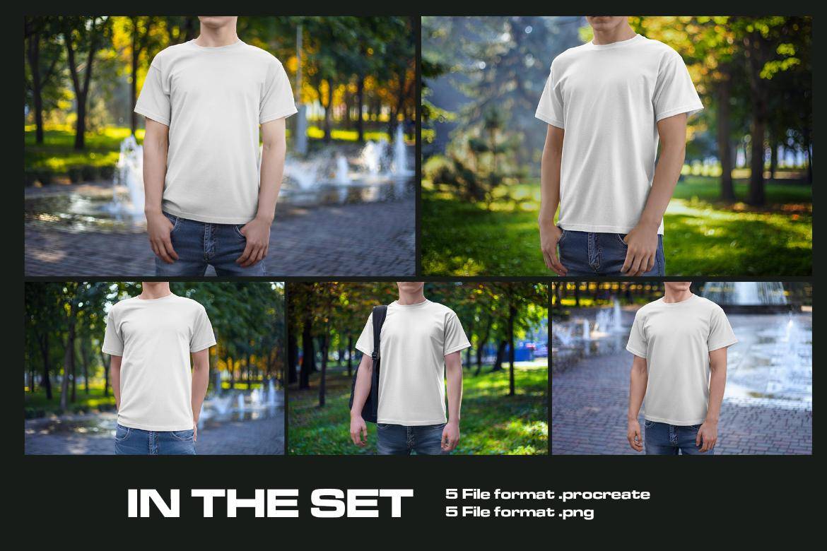 5款逼真男士半袖T恤设计展示贴图Procreate样机模板素材 5 Mockups Man T-Shirt on the Street for Procreate 样机素材 sucaiwan.com