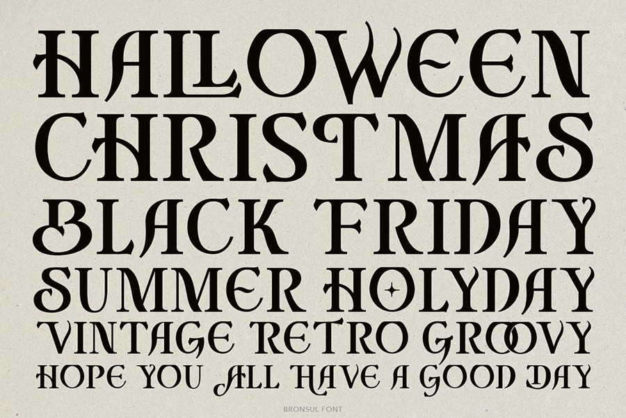 时尚复古品牌海报邀请函标题设计衬线英文字体安装包 Bronsul Serif Display 设计素材 sucaiwan.com