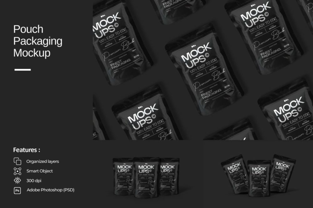 黑化风咖啡食品包装袋自立袋塑料袋设计展示效果图PS贴图样机模板 Pouch Packaging Mockup 样机素材 sucaiwan.com