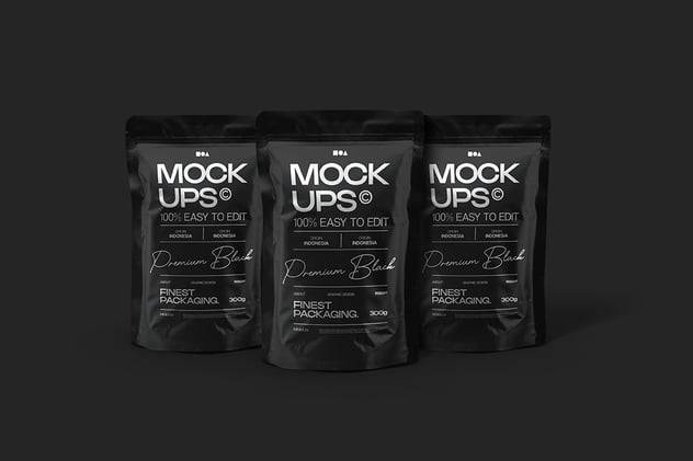 黑化风咖啡食品包装袋自立袋塑料袋设计展示效果图PS贴图样机模板 Pouch Packaging Mockup 样机素材 sucaiwan.com