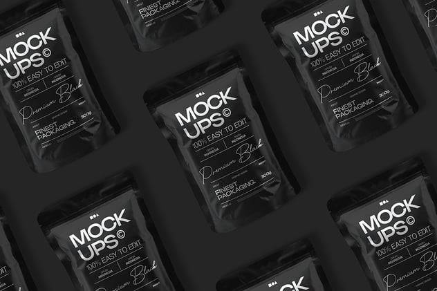 黑化风咖啡食品包装袋自立袋塑料袋设计展示效果图PS贴图样机模板 Pouch Packaging Mockup 样机素材 sucaiwan.com