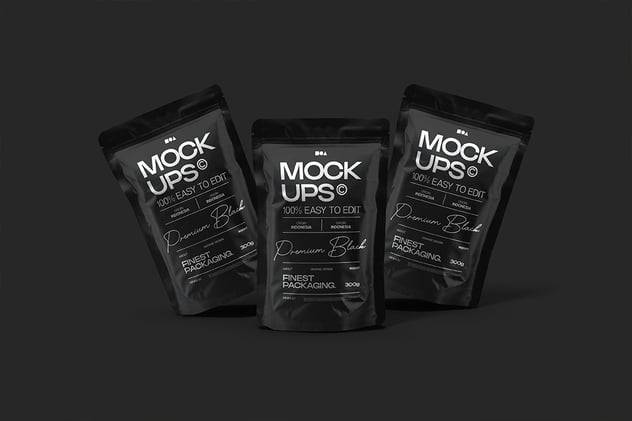 黑化风咖啡食品包装袋自立袋塑料袋设计展示效果图PS贴图样机模板 Pouch Packaging Mockup 样机素材 sucaiwan.com