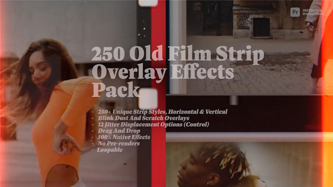 PR模板：30种复古美学胶片帧抖动放映机叠加闪烁灰尘划痕边框效果 , sucaiwan.com