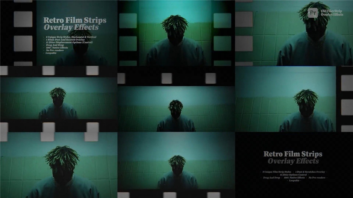 PR模板：30种复古美学胶片帧抖动放映机叠加闪烁灰尘划痕边框效果 , sucaiwan.com