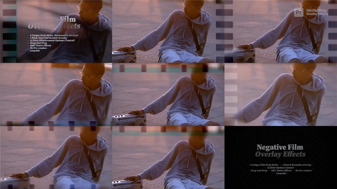 PR模板：30种复古美学胶片帧抖动放映机叠加闪烁灰尘划痕边框效果 , sucaiwan.com