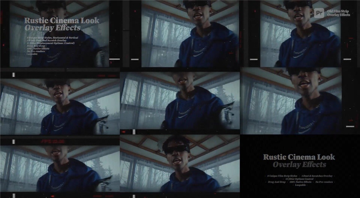 PR模板：30种复古美学胶片帧抖动放映机叠加闪烁灰尘划痕边框效果 , sucaiwan.com