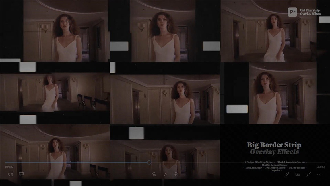 PR模板：30种复古美学胶片帧抖动放映机叠加闪烁灰尘划痕边框效果 , sucaiwan.com