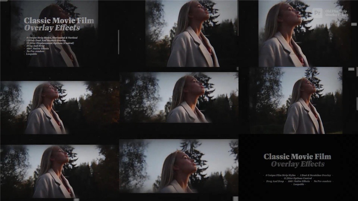 PR模板：30种复古美学胶片帧抖动放映机叠加闪烁灰尘划痕边框效果 , sucaiwan.com