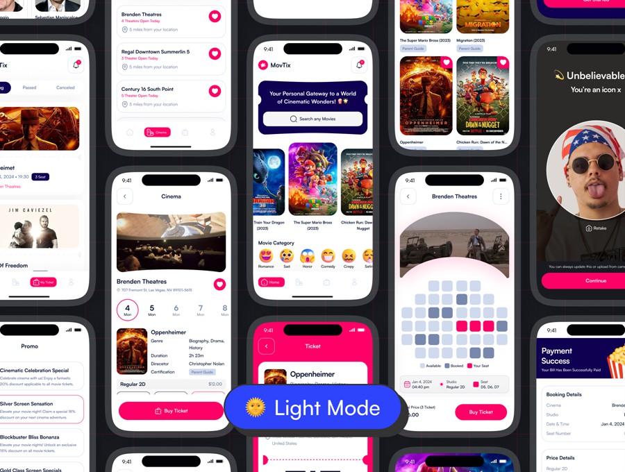 100+屏高级双配色电影票在线购买票务预订APP软件UI界面设计Figma模板套件 MovTix – Movie Ticket Booking App UI Kit APP UI sucaiwan.com