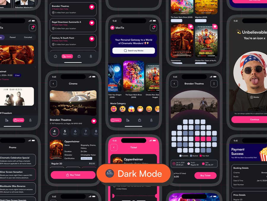 100+屏高级双配色电影票在线购买票务预订APP软件UI界面设计Figma模板套件 MovTix – Movie Ticket Booking App UI Kit APP UI sucaiwan.com