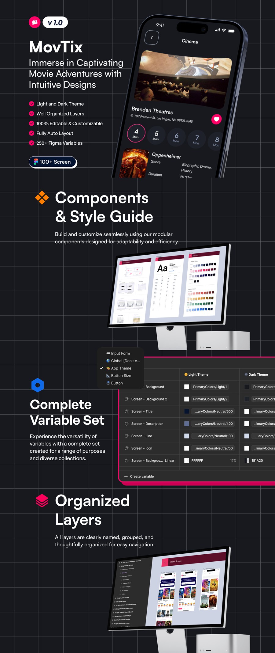 100+屏高级双配色电影票在线购买票务预订APP软件UI界面设计Figma模板套件 MovTix – Movie Ticket Booking App UI Kit APP UI sucaiwan.com