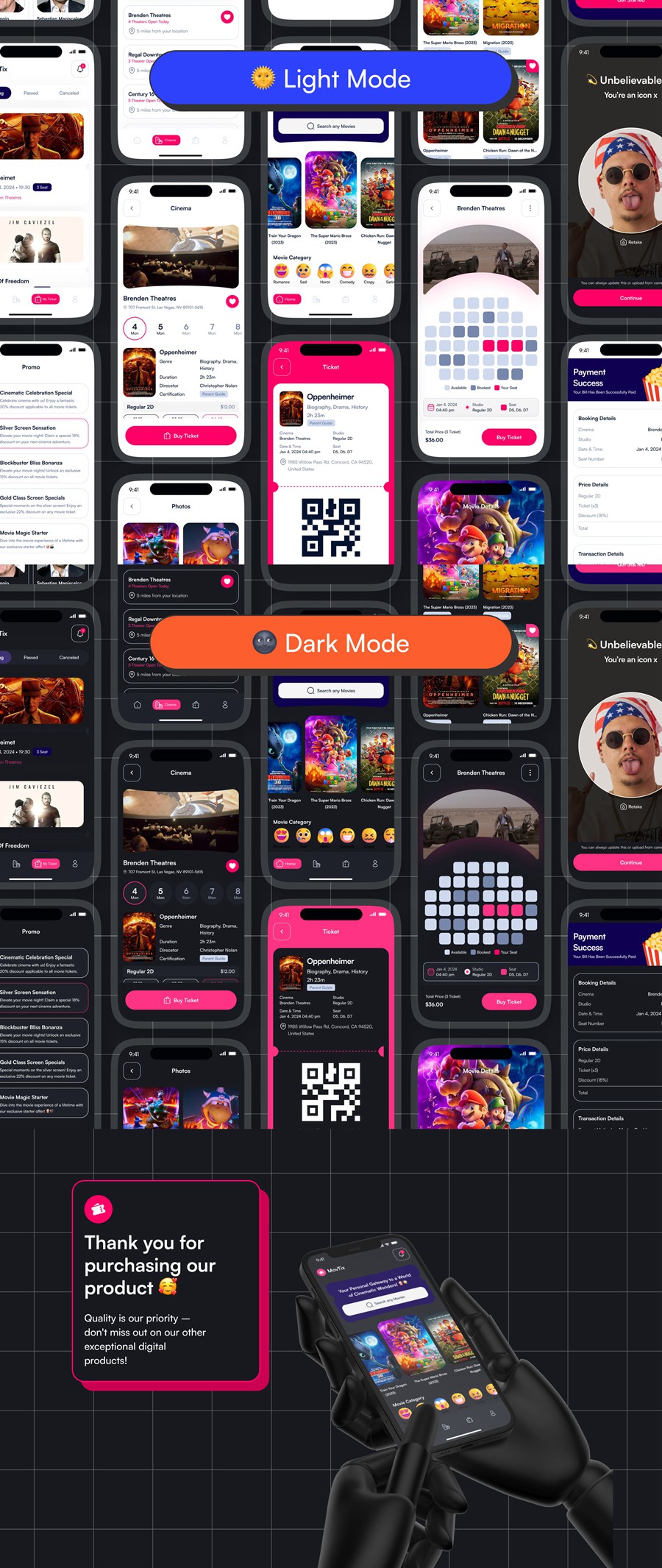 100+屏高级双配色电影票在线购买票务预订APP软件UI界面设计Figma模板套件 MovTix – Movie Ticket Booking App UI Kit APP UI sucaiwan.com