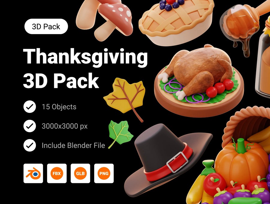 15款秋季感恩节农场食物农作物3D图标Icons设计Blender/PNG/FBX格式素材 Thanksgiving & Autumn 3D Illustration 图标素材 sucaiwan.com