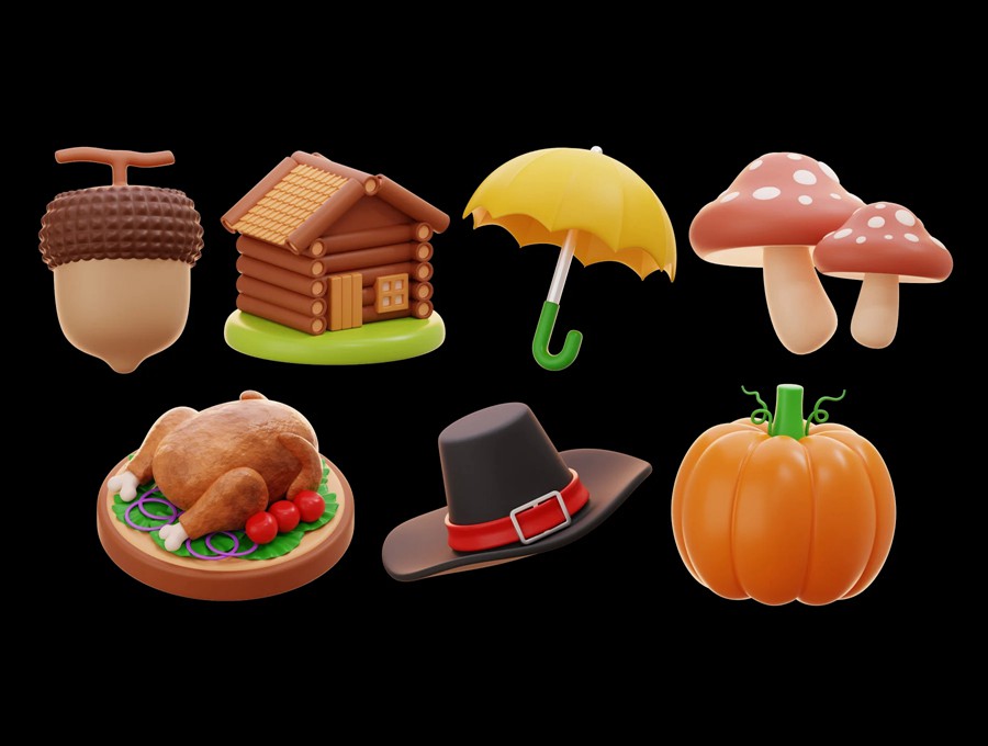 15款秋季感恩节农场食物农作物3D图标Icons设计Blender/PNG/FBX格式素材 Thanksgiving & Autumn 3D Illustration 图标素材 sucaiwan.com