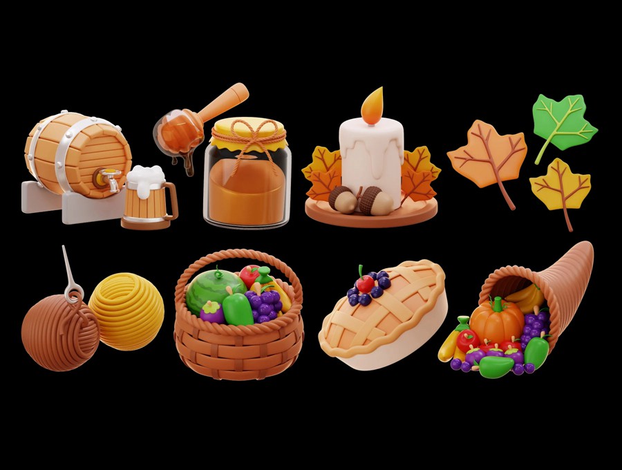 15款秋季感恩节农场食物农作物3D图标Icons设计Blender/PNG/FBX格式素材 Thanksgiving & Autumn 3D Illustration 图标素材 sucaiwan.com